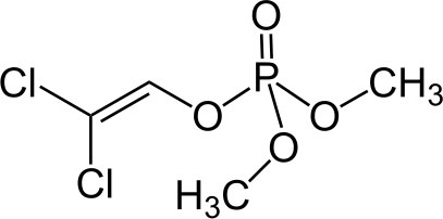 Das sowjetische Dichlorvos enthielt Dimethyldichlorvinylphosphat – im Bild ist seine chemische Formel dargestellt Das sowjetische Dichlorvos enthielt Dimethyldichlorvinylphosphat – im Bild ist seine chemische Formel dargestellt