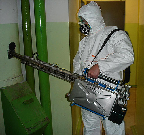 Das Foto zeigt einen Mitarbeiter des Schädlingsbekämpfungsdienstes mit einem Heißnebelgerät. Das Foto zeigt einen Mitarbeiter des Schädlingsbekämpfungsdienstes mit einem Heißnebelgerät.