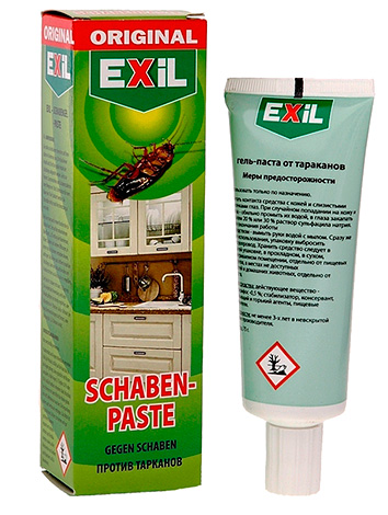 Gel-Paste gegen Kakerlaken Exil (als Analogon des deutschen Gels Globol positioniert). Gel-Paste gegen Kakerlaken Exil (als Analogon des deutschen Gels Globol positioniert).