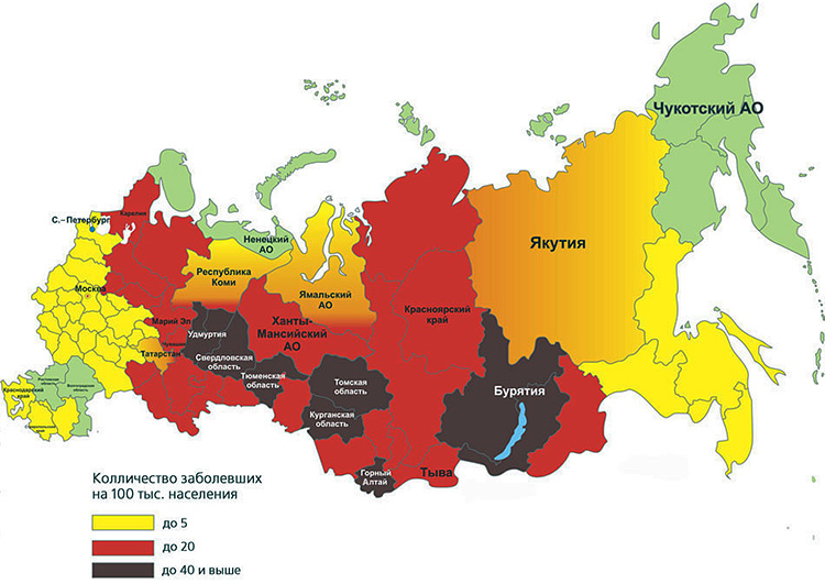 In der Abbildung sind die Regionen der Russischen Föderation, die am stärksten von FSME bedroht sind, in Braun und Rot dargestellt. In der Abbildung sind die Regionen der Russischen Föderation, die am stärksten von FSME bedroht sind, in Braun und Rot dargestellt.
