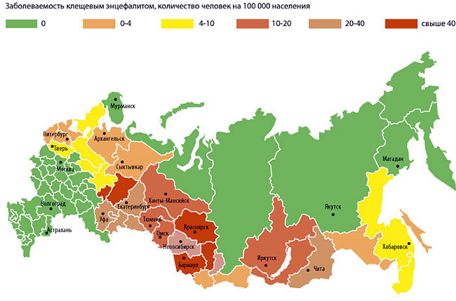 Die Karte zeigt die Häufigkeit der Frühsommer-Meningoenzephalitis in verschiedenen Regionen Russlands. Die Karte zeigt die Häufigkeit der Frühsommer-Meningoenzephalitis in verschiedenen Regionen Russlands.