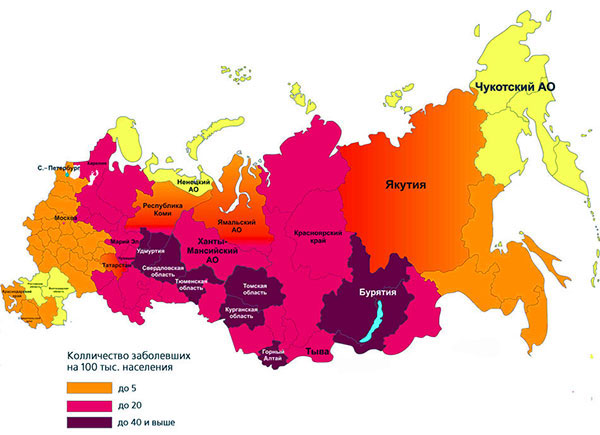 Karte der Verbreitung der Frühsommer-Meningoenzephalitis in Russland