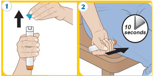 L'image montre le schéma d'utilisation de l'auto-injecteur dans les situations critiques (injection du produit directement à travers les vêtements). L'image montre le schéma d'utilisation de l'auto-injecteur dans les situations critiques (injection du produit directement à travers les vêtements).